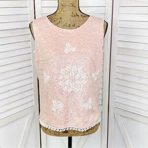 Stephen Chu Vintage Sequin Beaded Sleeveless Sweater Top Pink Large‎